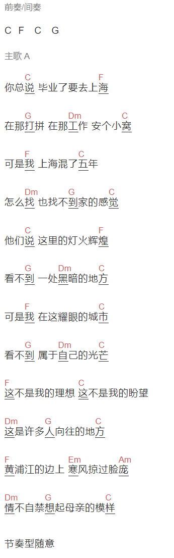 暗杠《离开上海的路上》吉他谱C调和弦谱(txt)1