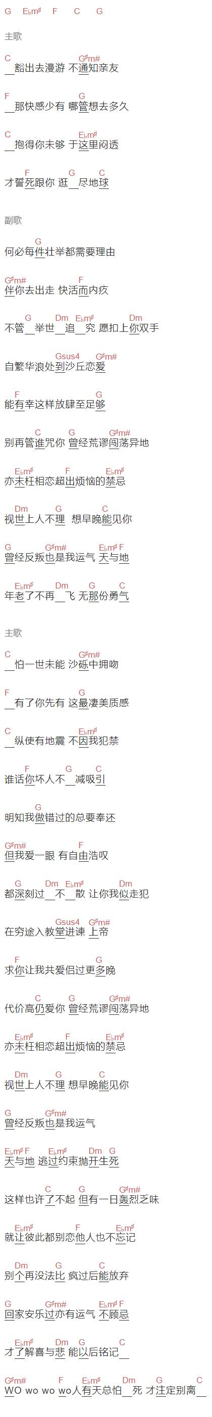 卫兰《离家出走》吉他谱C调和弦谱(txt)1