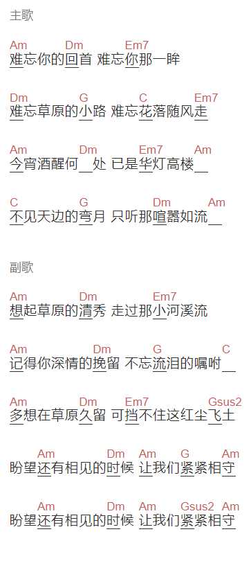云飞《离别草原》吉他谱C调和弦谱(txt)1