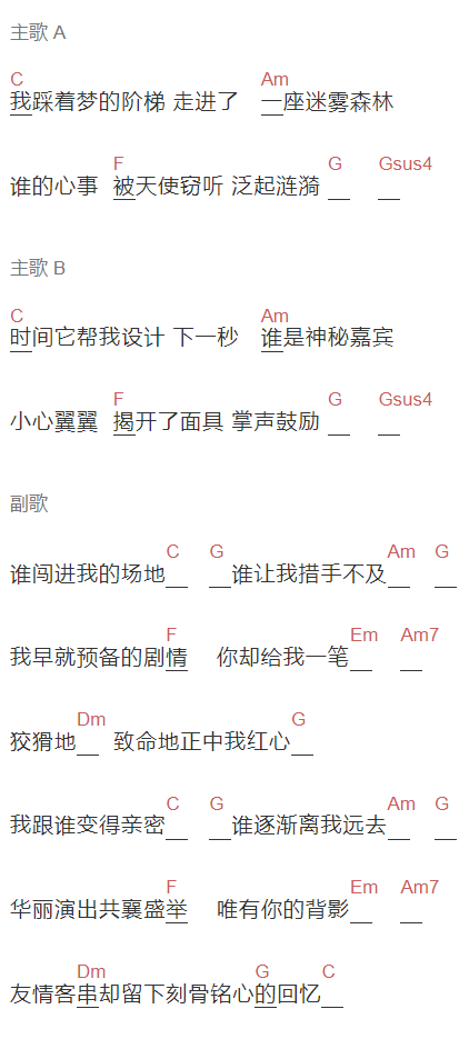 林宥嘉《神秘嘉宾》吉他谱C调和弦谱(txt)1