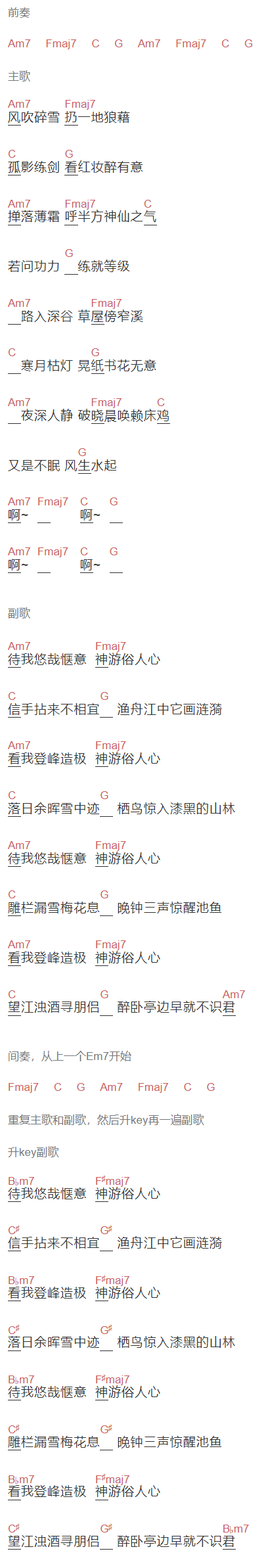 熊猫堂,崔云峰,余空《神游》吉他谱C调和弦谱(txt)1