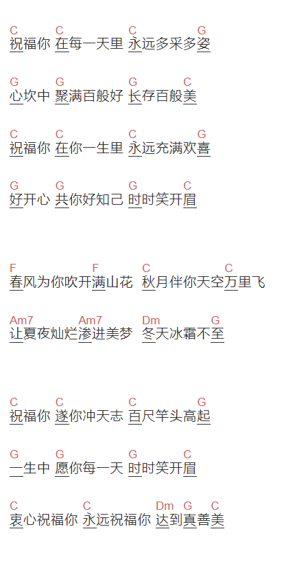 粤语贺岁歌《祝福你》吉他谱C调和弦谱(txt)1