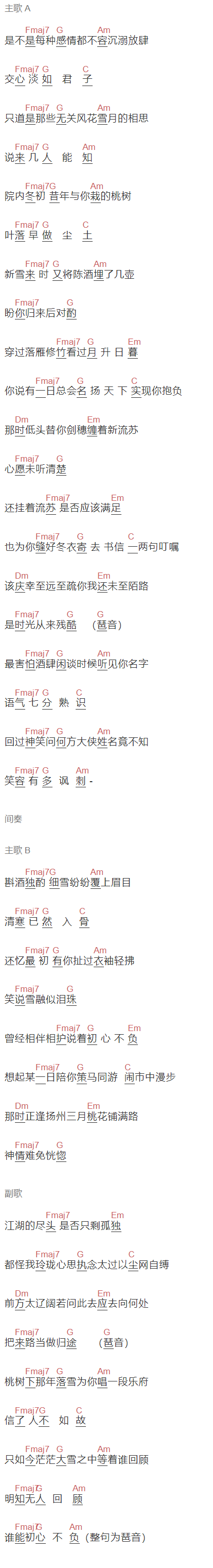 晴愔《眉间雪》吉他谱C调和弦谱(txt)1