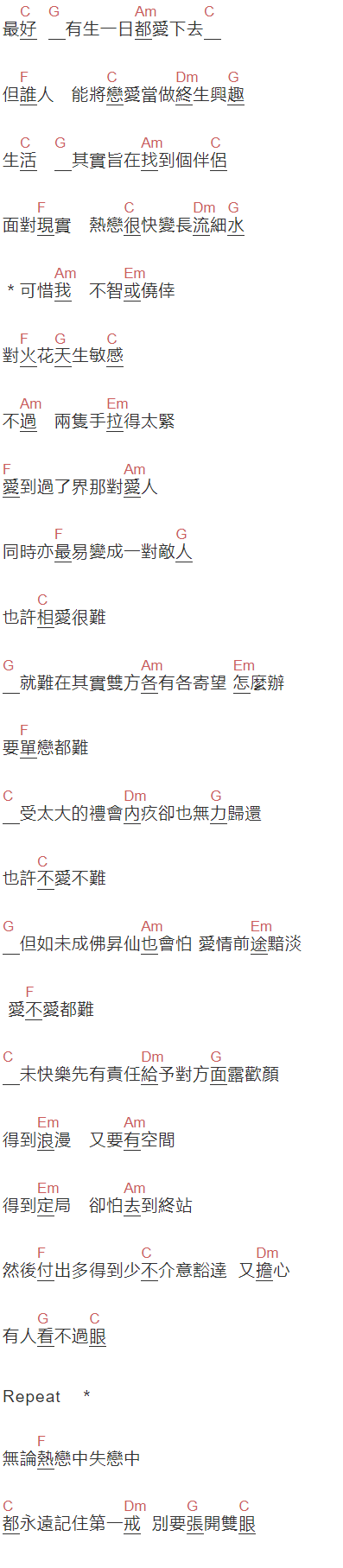 梅艳芳,张学友《相爱》吉他谱C调和弦谱(txt)1