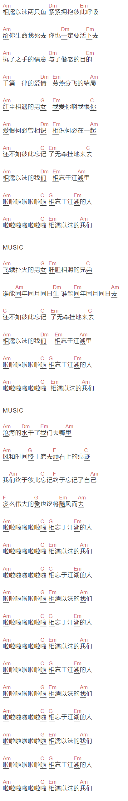 耳光乐队《相忘于江湖》吉他谱C调和弦谱(txt)1