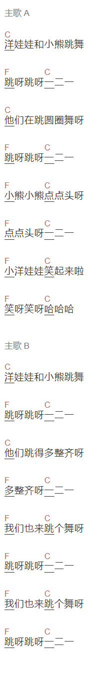 儿歌《洋娃娃和小熊跳舞》吉他谱C调和弦谱(txt)1