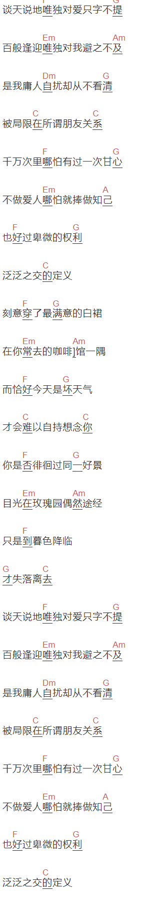 王靖雯,盖君炎《泛泛之友》吉他谱C调和弦谱(txt)1