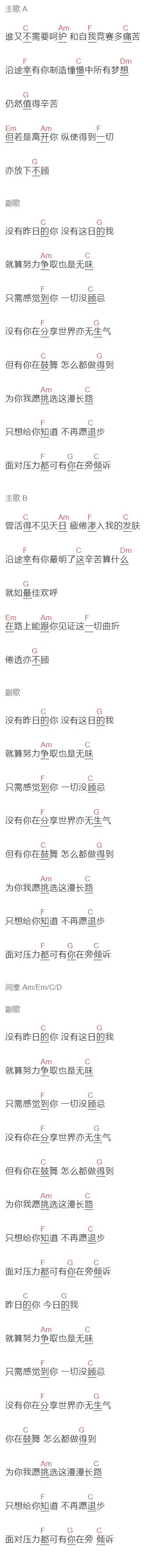 周华健《沿途有你》吉他谱C调和弦谱(txt)1