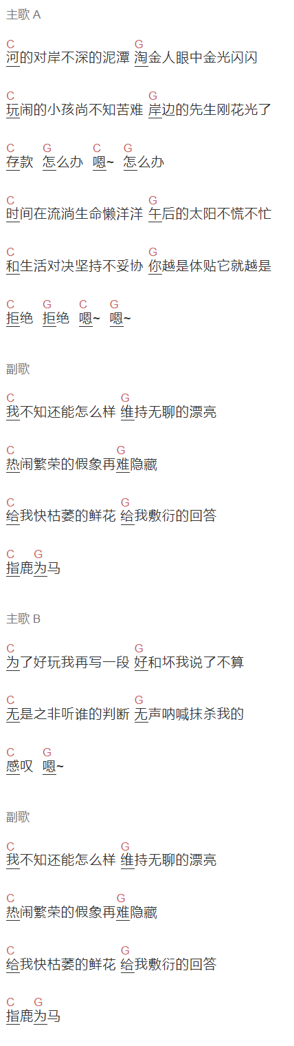陈粒《河马》吉他谱C调和弦谱(txt)1