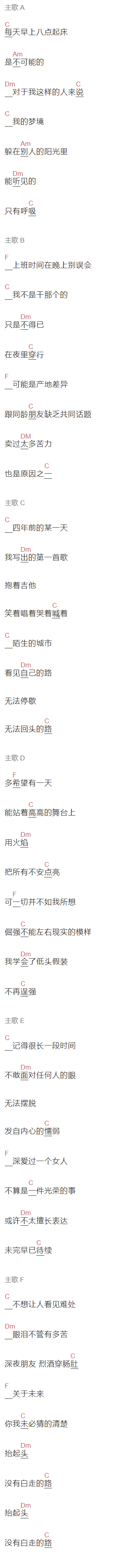 小海《没有白走的路》吉他谱C调和弦谱(txt)1