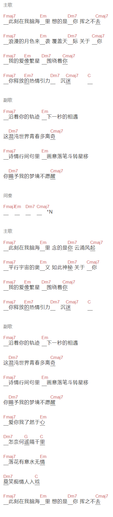 代鑫《沉迷》吉他谱C调和弦谱(txt)1