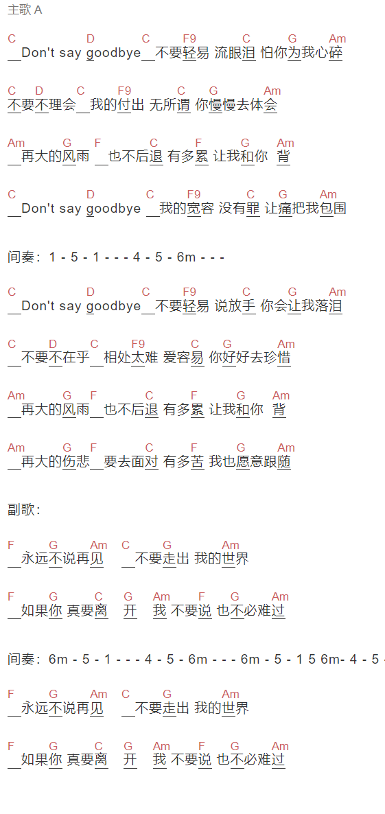 零点乐队《永远不说再见》吉他谱C调和弦谱(txt)1