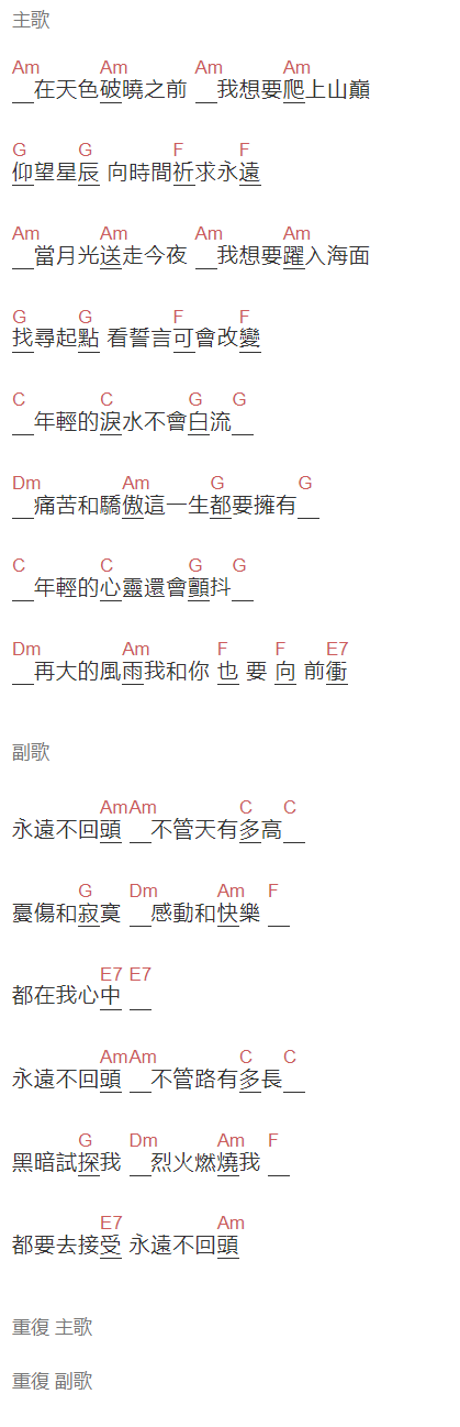 王杰,邰正宵,姚可傑,張雨生《永远不回头》吉他谱C调和弦谱(txt)1