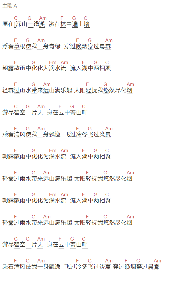 区瑞强《水霞》吉他谱C调和弦谱(txt)1