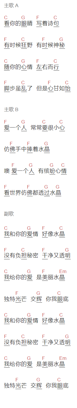 徐怀钰,任贤齐《水晶》吉他谱C调和弦谱(txt)1