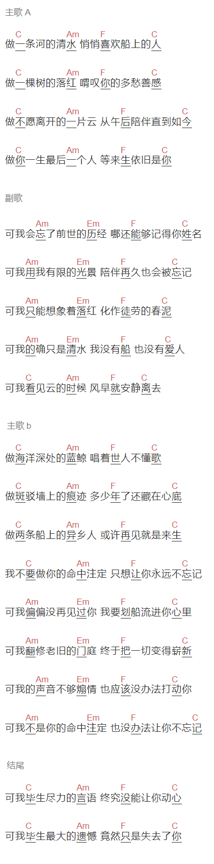 夏增祥《毕生》吉他谱C调和弦谱(txt)1