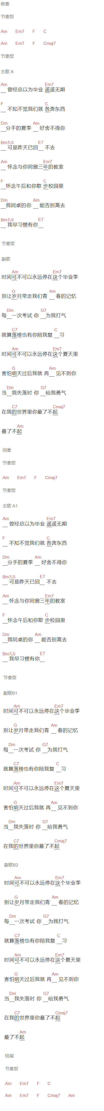 贺敬轩《毕业季》吉他谱C调和弦谱(txt)1