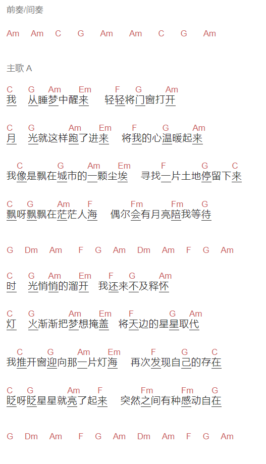 阿牛《星星亮了》吉他谱C调和弦谱(txt)1