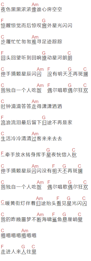 陈粒《星夜》吉他谱C调和弦谱(txt)1