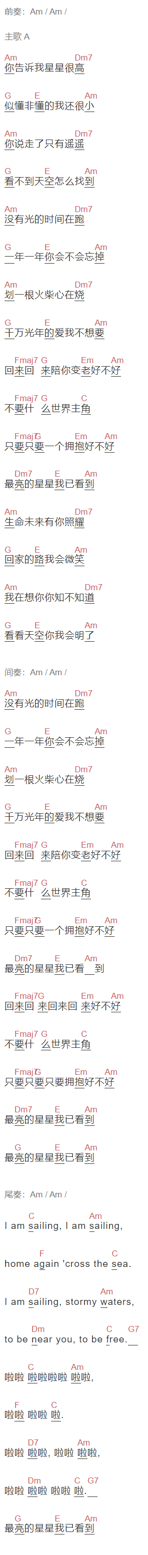 单依纯《星Sailing》吉他谱C调和弦谱(txt)1