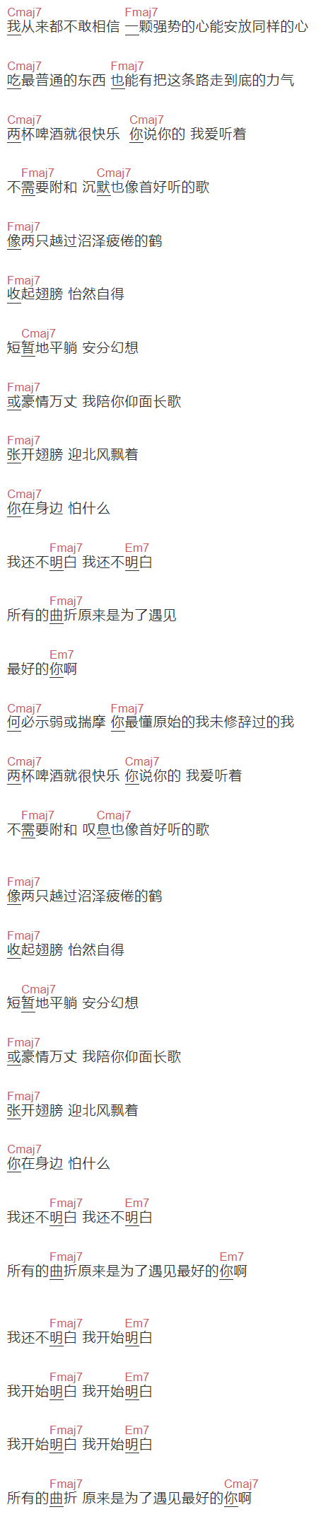 曹方《明白》吉他谱C调和弦谱(txt)1