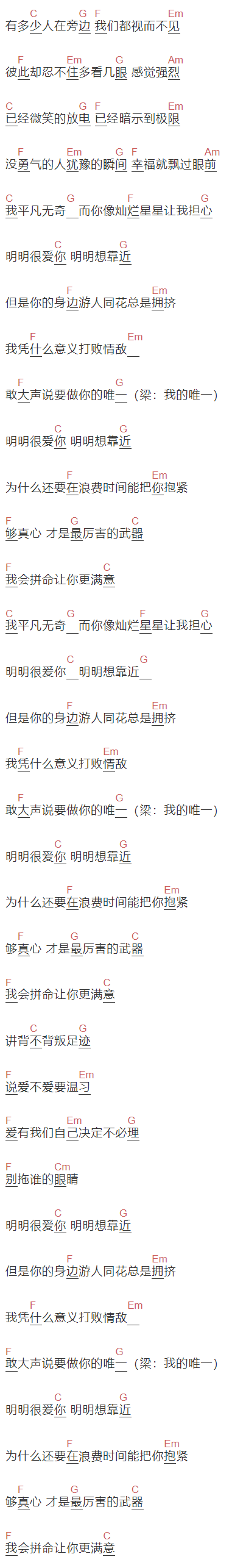 梁静茹,品冠《明明很爱你》吉他谱C调和弦谱(txt)1