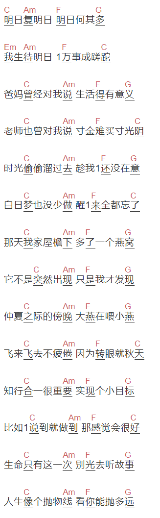 王俊凯《明日歌》吉他谱C调和弦谱(txt)1