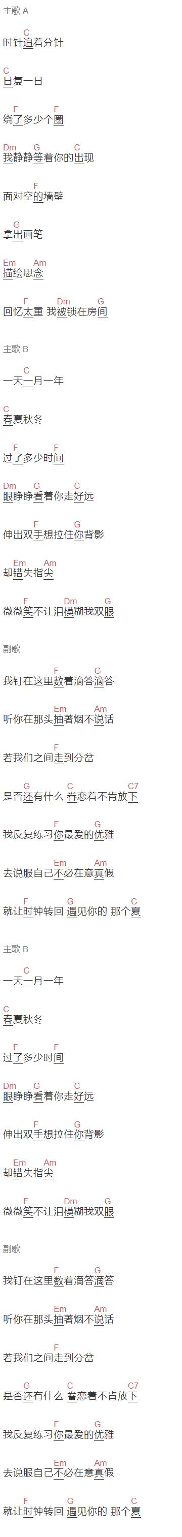 丁芙妮《时钟》吉他谱C调和弦谱(txt)1