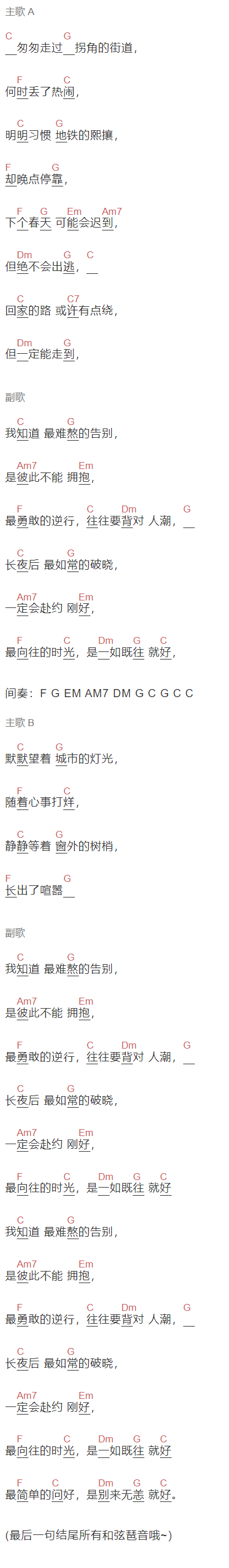 房东的猫《时光，一如既往》吉他谱C调和弦谱(txt)1