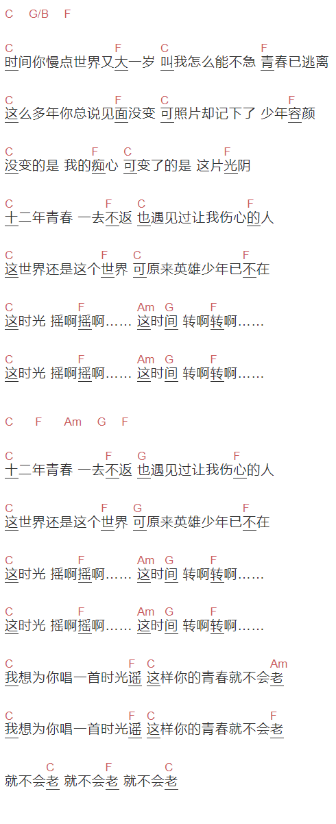 王梵瑞《时光谣》吉他谱C调和弦谱(txt)1