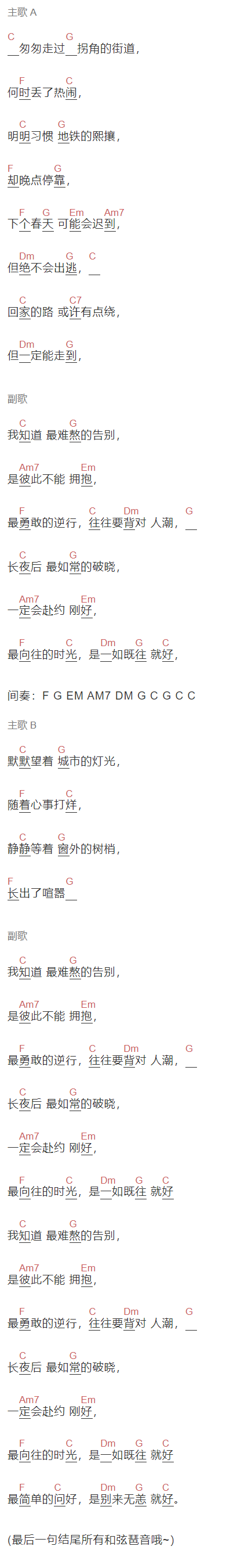 《时光 一如既往》吉他谱C调和弦谱(txt)1