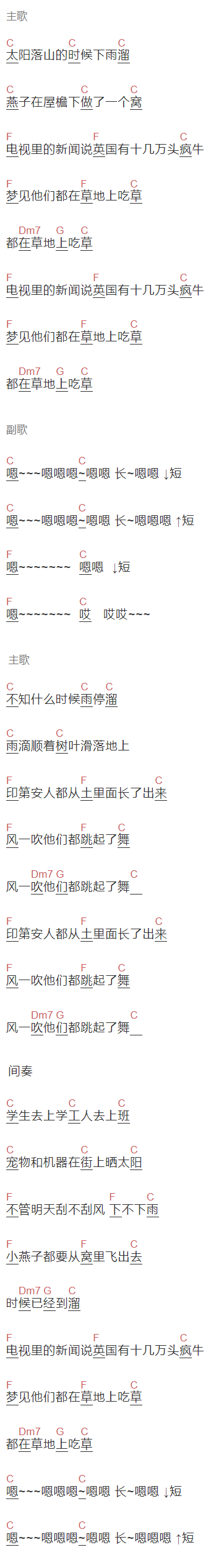 穆苏《时候到溜》吉他谱C调和弦谱(txt)1