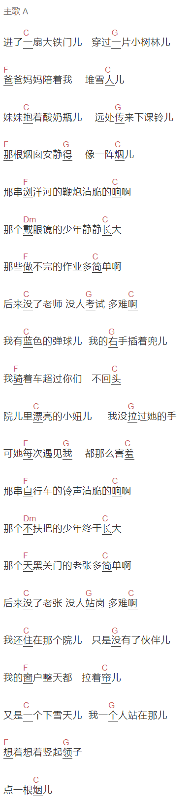 矮大紧《旧的童年》吉他谱C调和弦谱(txt)1