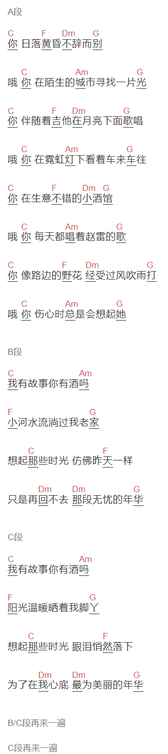 夏小虎《旧时光》吉他谱C调和弦谱(txt)1