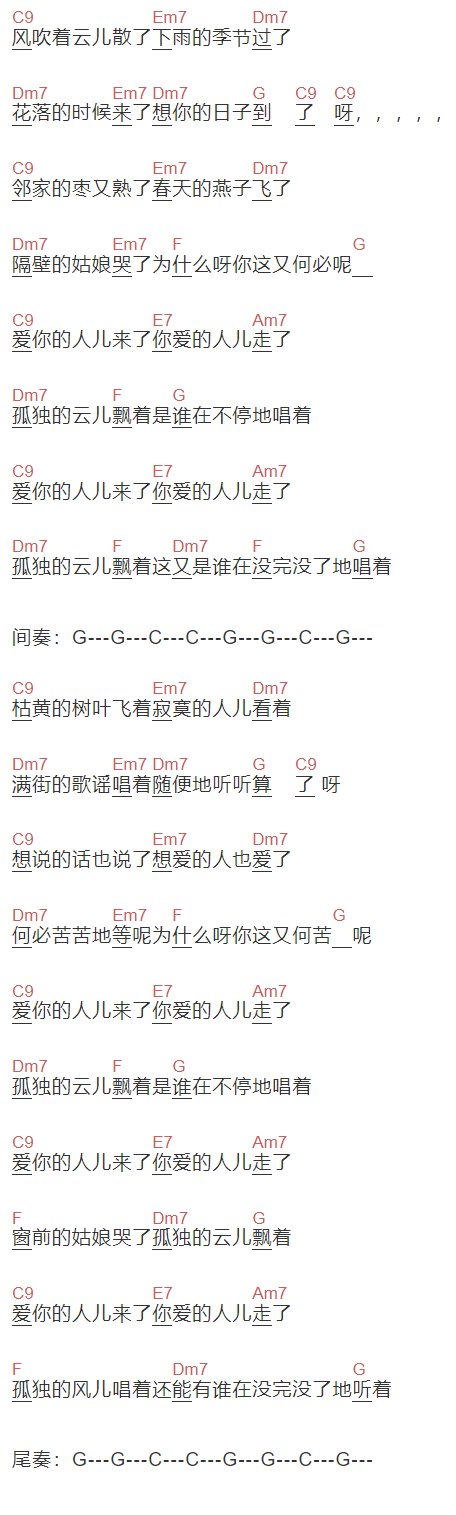 小柯《日子》吉他谱C调和弦谱(txt)1