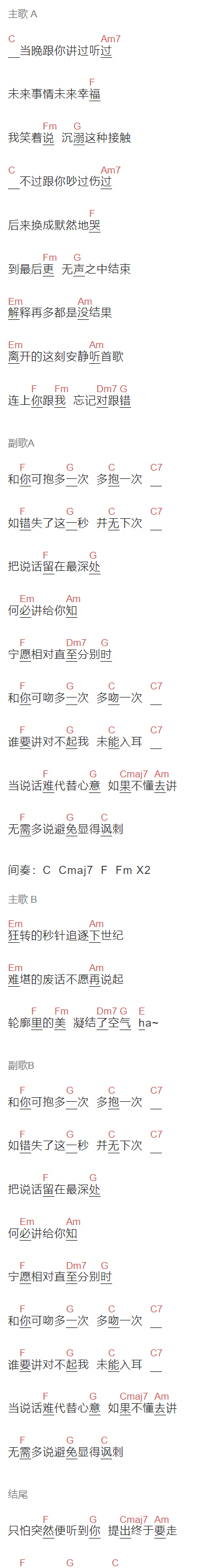 蔚雨芯《无话可说》吉他谱C调和弦谱(txt)1
