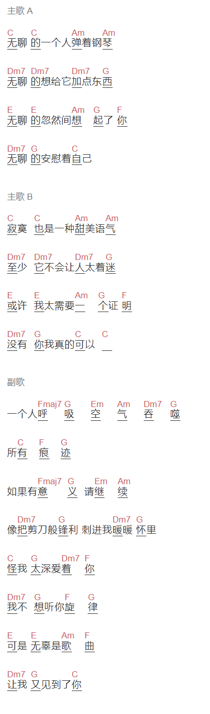 黄绮珊《无聊》吉他谱C调和弦谱(txt)1