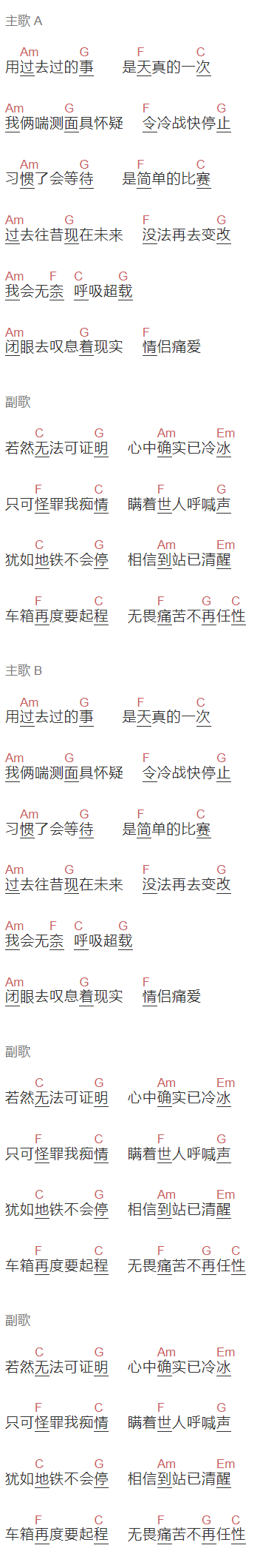 易欣《无法证明》吉他谱C调和弦谱(txt)1