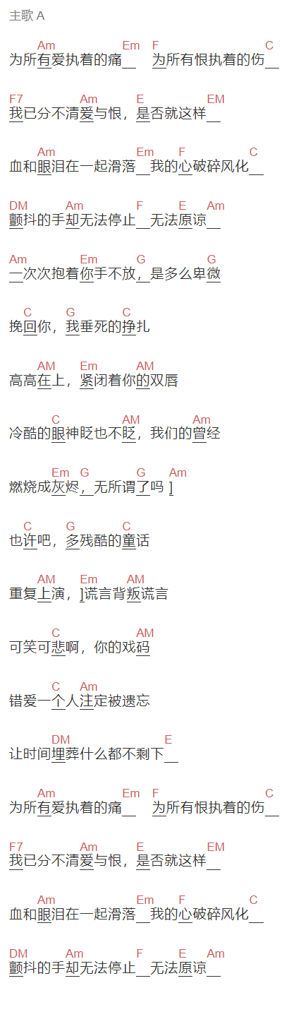 李佳璐《无法原谅》吉他谱C调和弦谱(txt)1