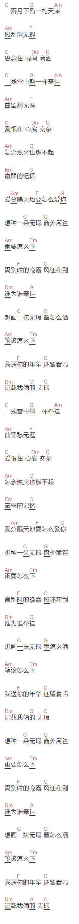 南拳妈妈《无暇》吉他谱C调和弦谱(txt)1
