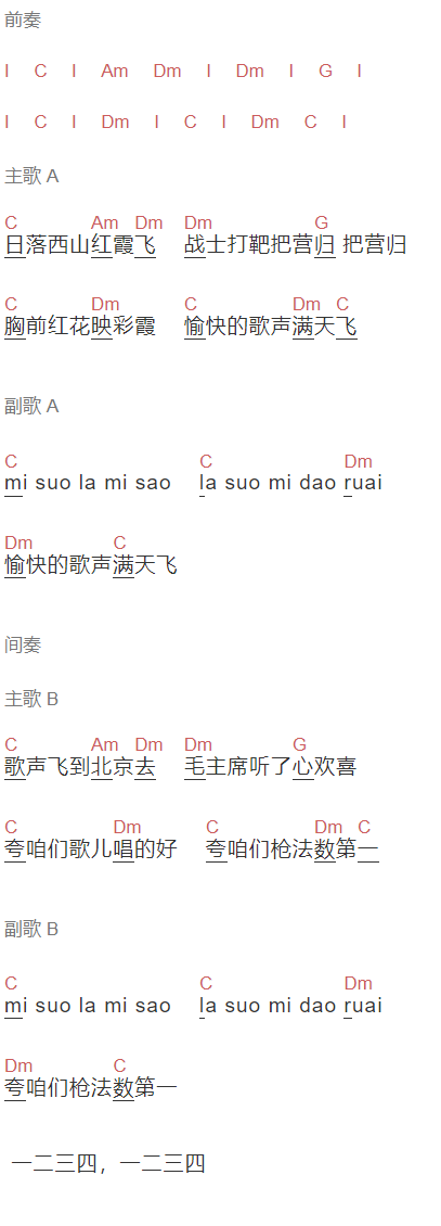 贾世骏《打靶归来》吉他谱C调和弦谱(txt)1