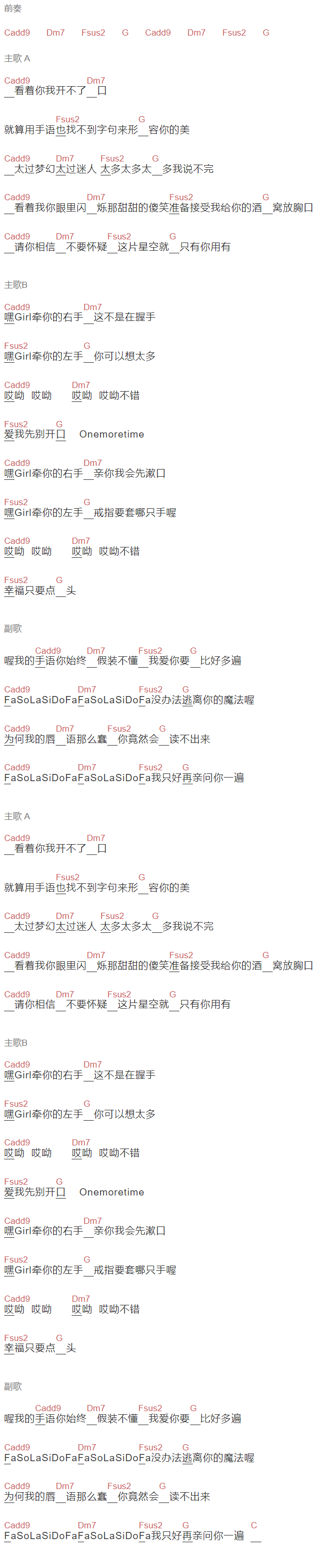 周杰伦《手语》吉他谱C调和弦谱(txt)1