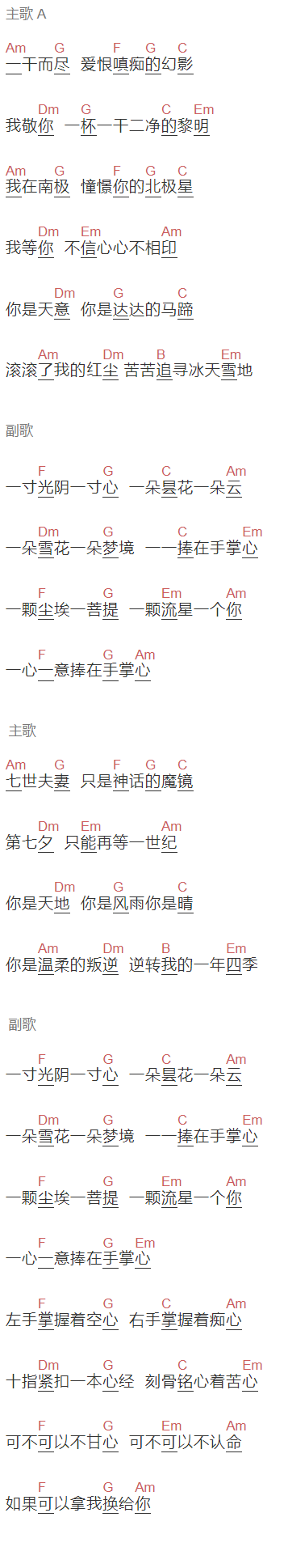 丁当《手掌心》吉他谱C调和弦谱(txt)1