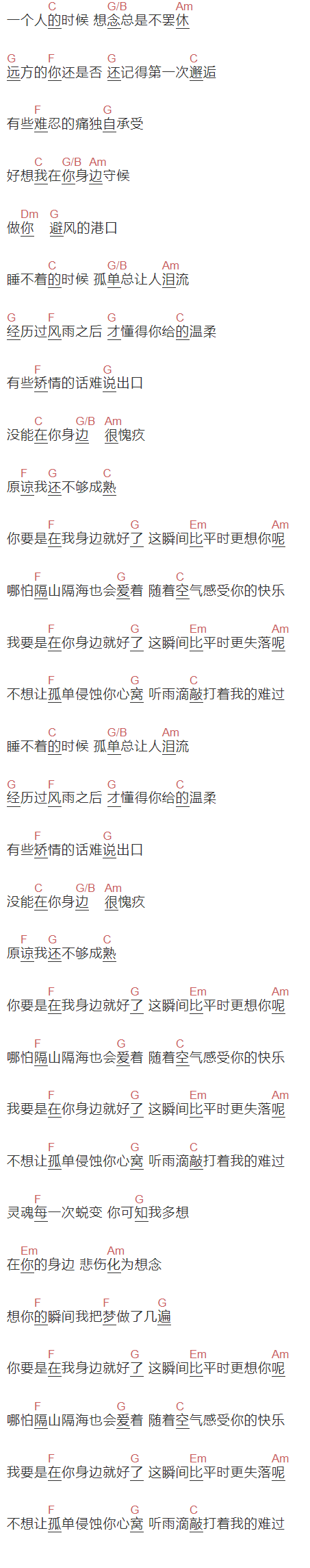 穆哲熙《所爱隔山海》吉他谱C调和弦谱(txt)1