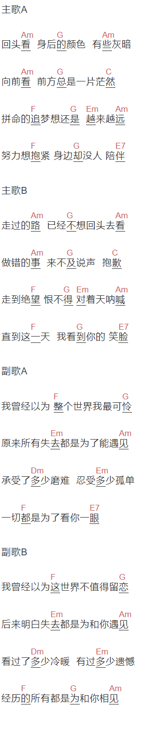 四川雨泽《所有失去都是为了遇见》吉他谱C调和弦谱(txt)1