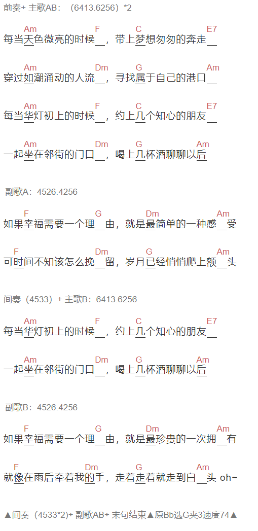 祁隆《幸福的理由》吉他谱C调和弦谱(txt)1