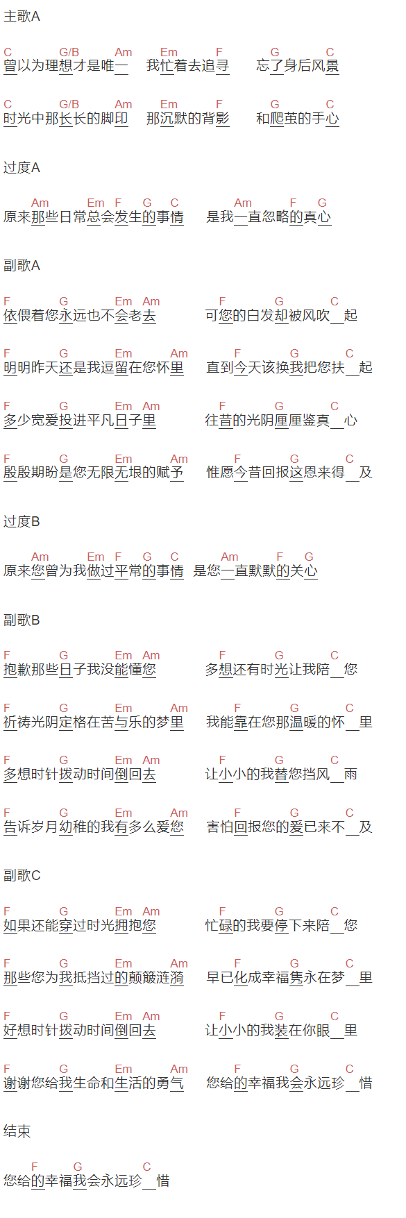 张磊《幸福一家人》吉他谱C调和弦谱(txt)1
