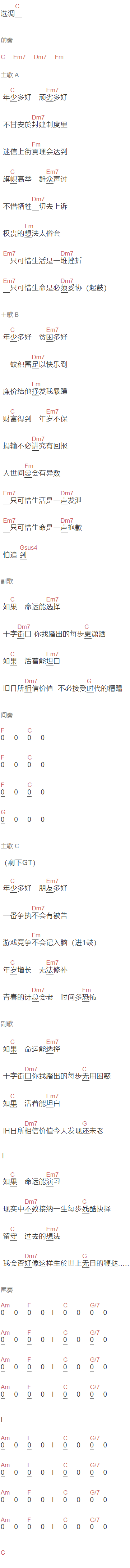黄贯中《年少无知》吉他谱C调和弦谱(txt)1