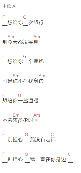 翁大涵《差你一次旅行》吉他谱C调和弦谱(txt)1