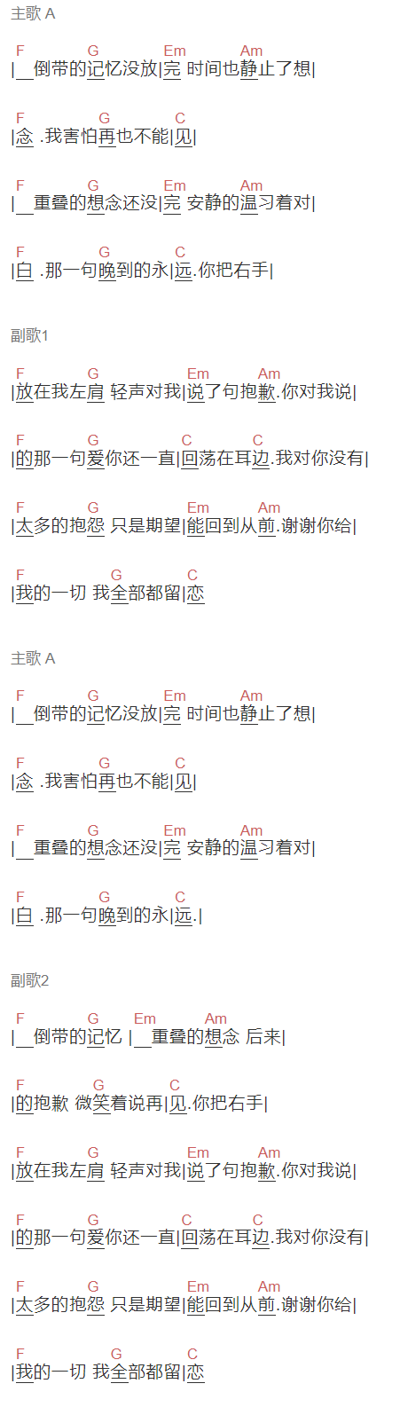 安苏羽《左肩》吉他谱C调和弦谱(txt)1